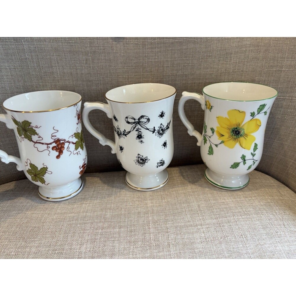 3 Mixed Royal Victoria Mugs Bone China England Gold Trim Footed Coffee Cups